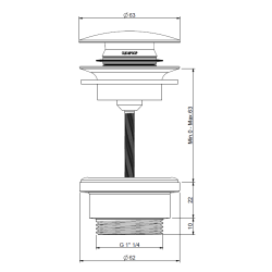 Pop up bundventil kort model 1 1/4"