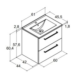 Dansani 61 cm m�belpk. Mido 2 skuffer. vask AMBER, hvid mat